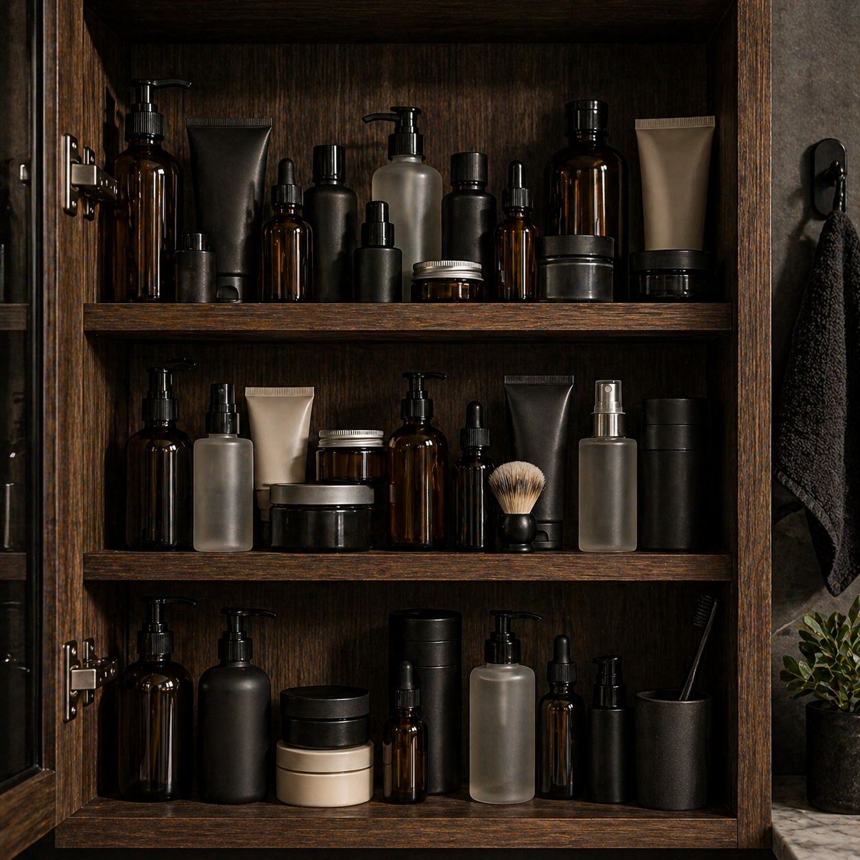 Dark Wood Medicine cabinet with various bottles and jars cluttered together