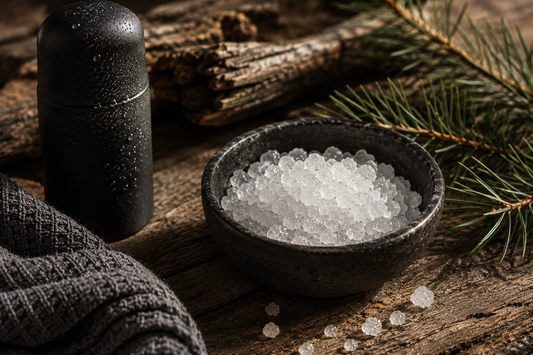 Bowl of Mineral Salts with greenery on wooden surface
