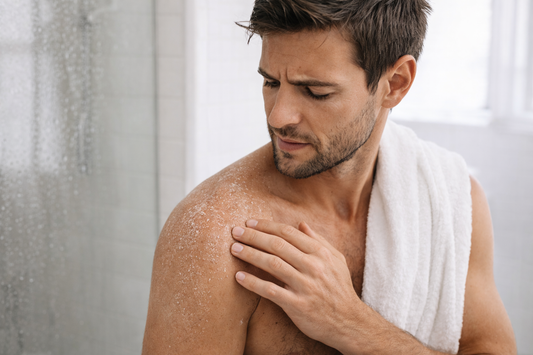 Man post shower with dry skin on shoulder