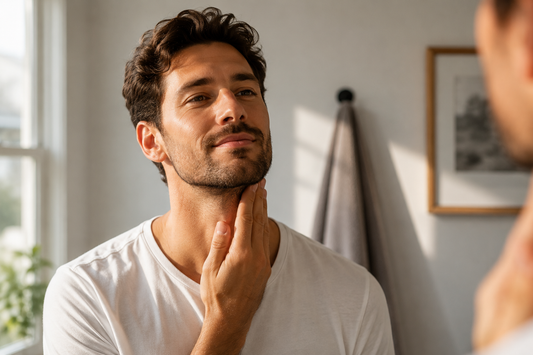 Man looking in mirror with hand on neck wearing white tee shirt