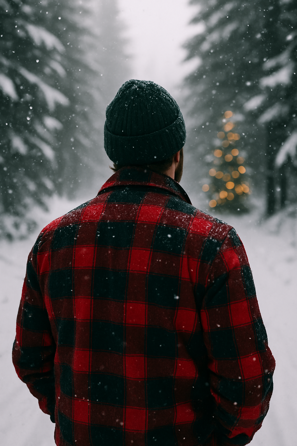 Rugged man outdoors in the snow looking at the trees.