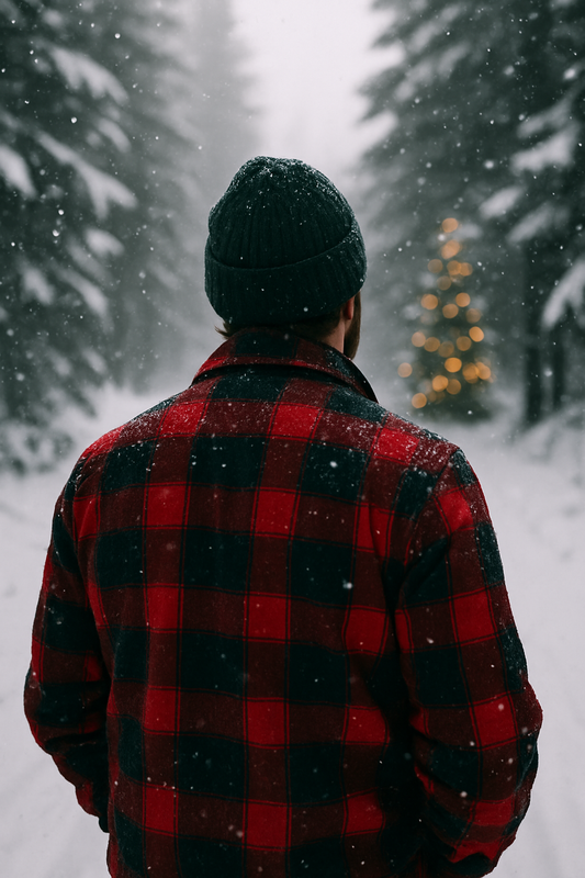 Rugged man outdoors in the snow looking at the trees.